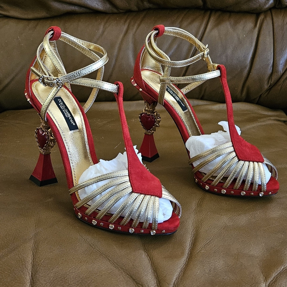 Women's Dolce & Gabbana Red Suede & Gold T-Strap Heart-Heel Sandals Size 7.5 US